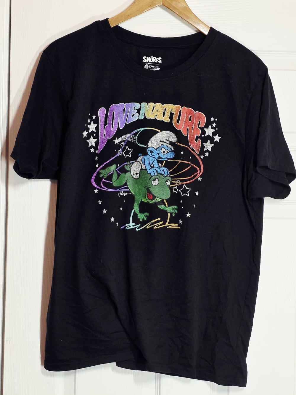 The Smurfs - Smurf riding frog graphic T Shirt _ Size XL Love Nature